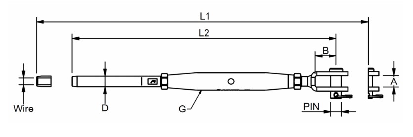 BW12 Rigging Screw Swage Stud - Fork Metrical drawing